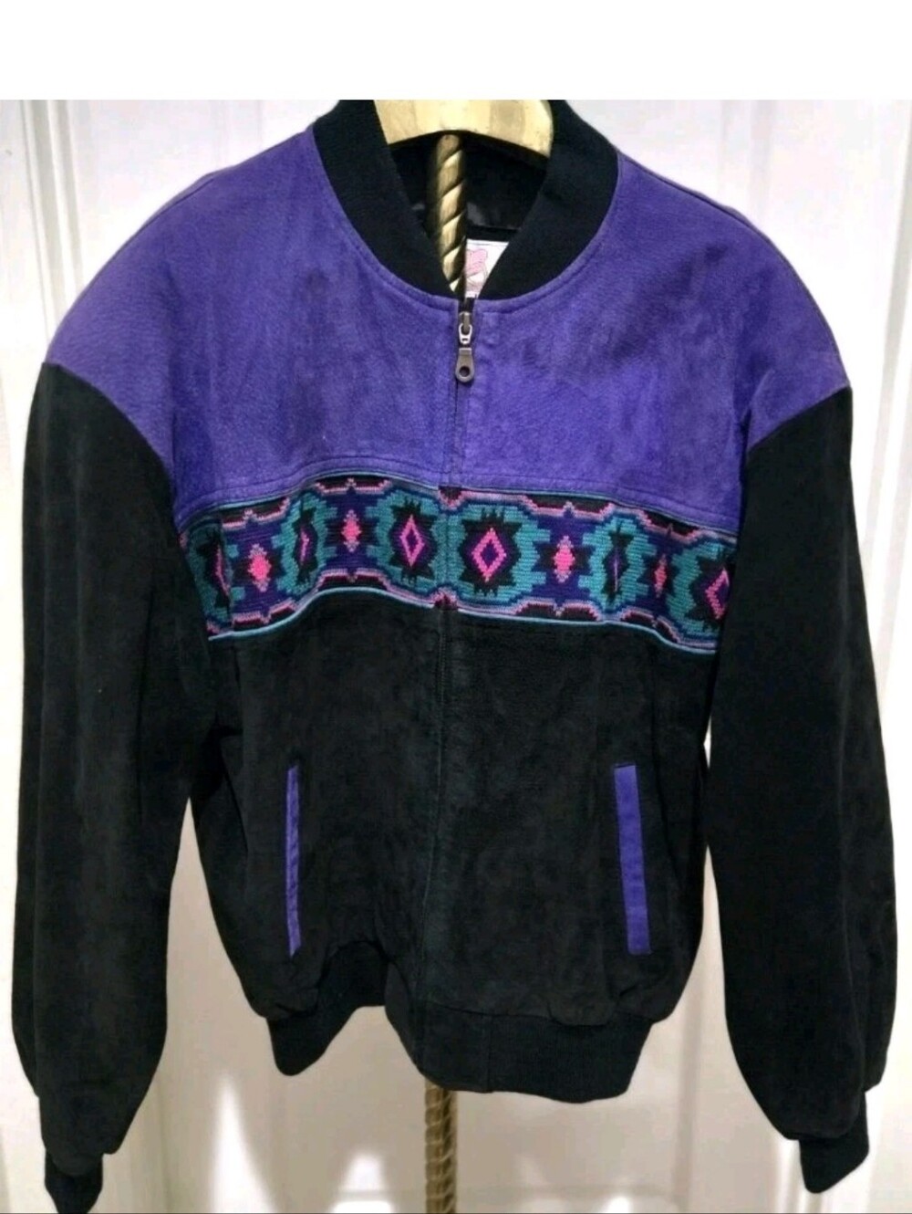 Adler Vintage Purple Black Suede Bomber Jacket 90s Vintage Zip Up Size M